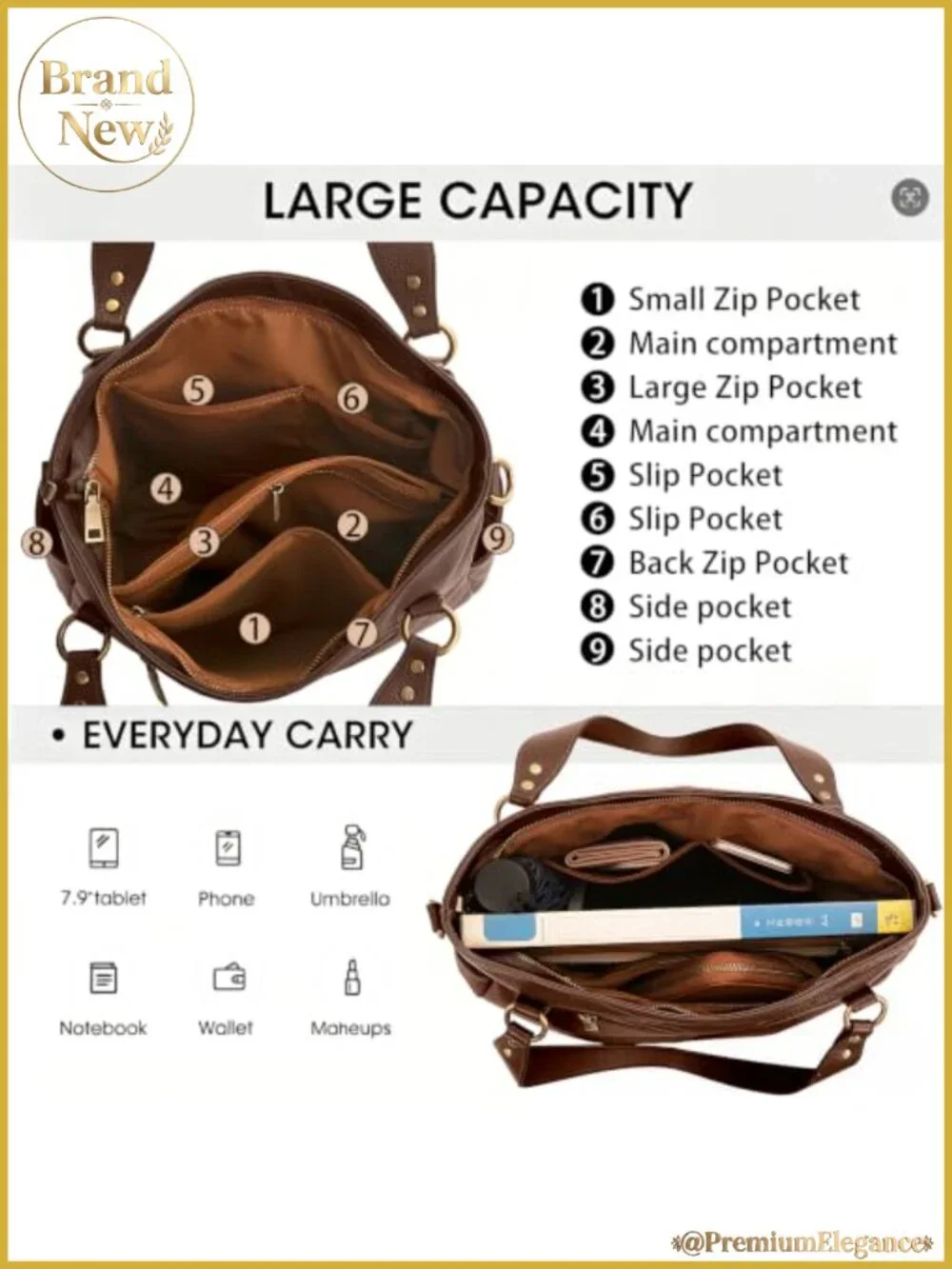 Genuine Full-Grain Leather Hobo Purse Women Slouchy Tote Crossbody Bag Work
